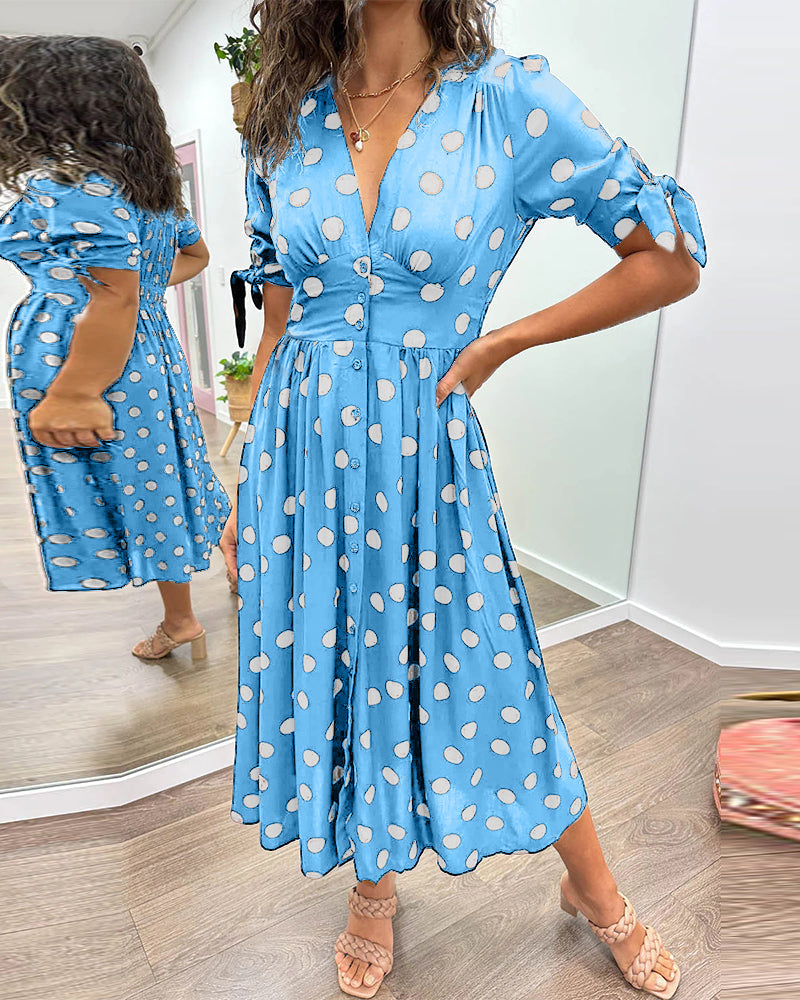 Women's Midi Dress - Fit and Flare - V-Neck - Short Sleeve with Tie Detail - Button Front