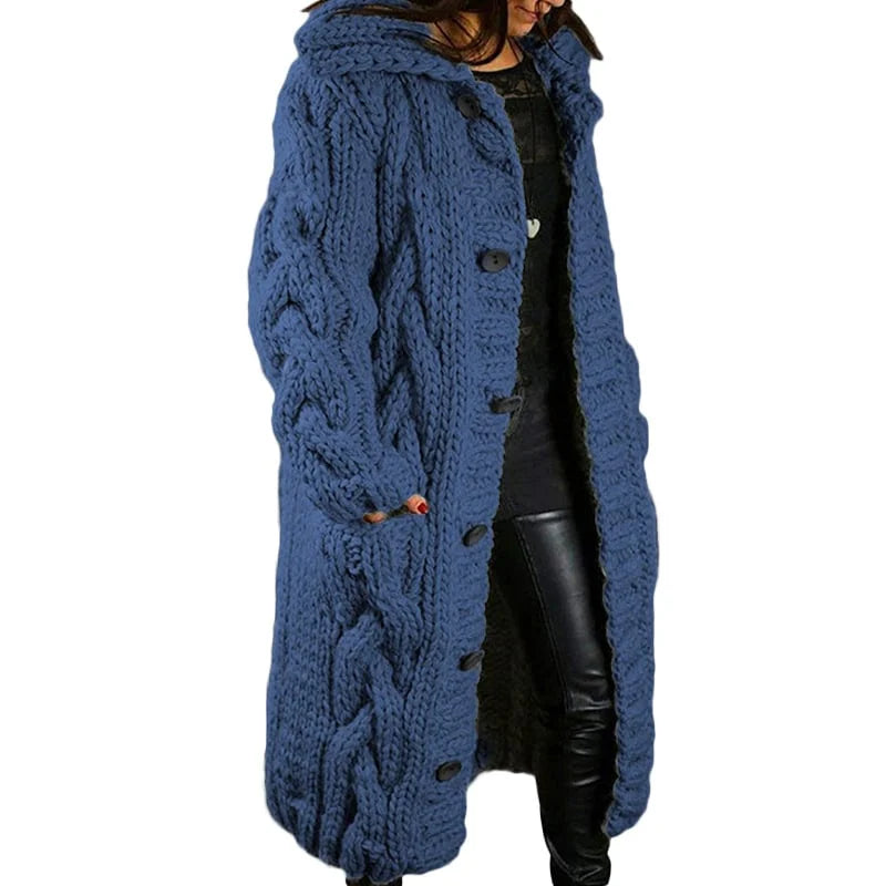 Women's long warm knitted cardigan with button closure