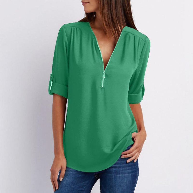 Flowy V-Neck Roll-Tab Sleeve Blouse