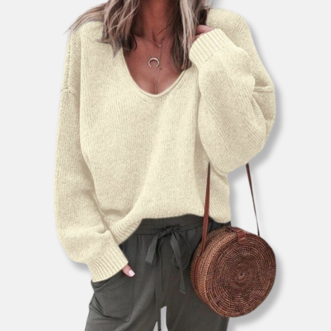 Women’s Sweater – Wool Knit – Relaxed Fit – Deep V-Neck – Long Sleeve Casual Style
