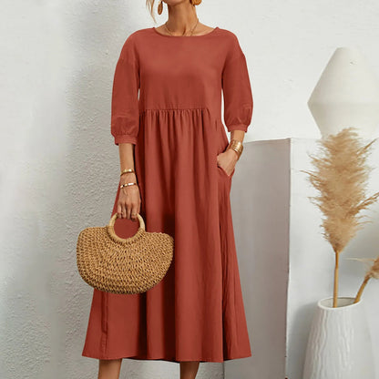 Women’s Midi Dress – Relaxed Fit – Breathable Blend – 3/4 Sleeve – Side Pockets
