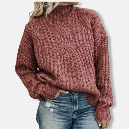 Women’s Pullover Sweater – Wool Cable Knit – High Neck – Relaxed Fit – Long Sleeve