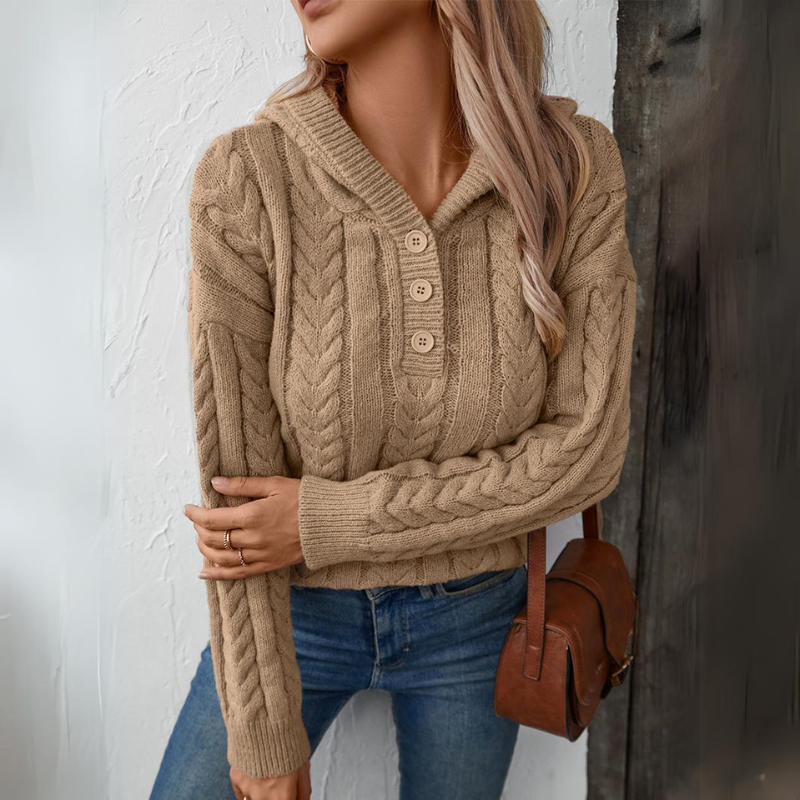 Women's retro buttoned cable knit hoodie sweater