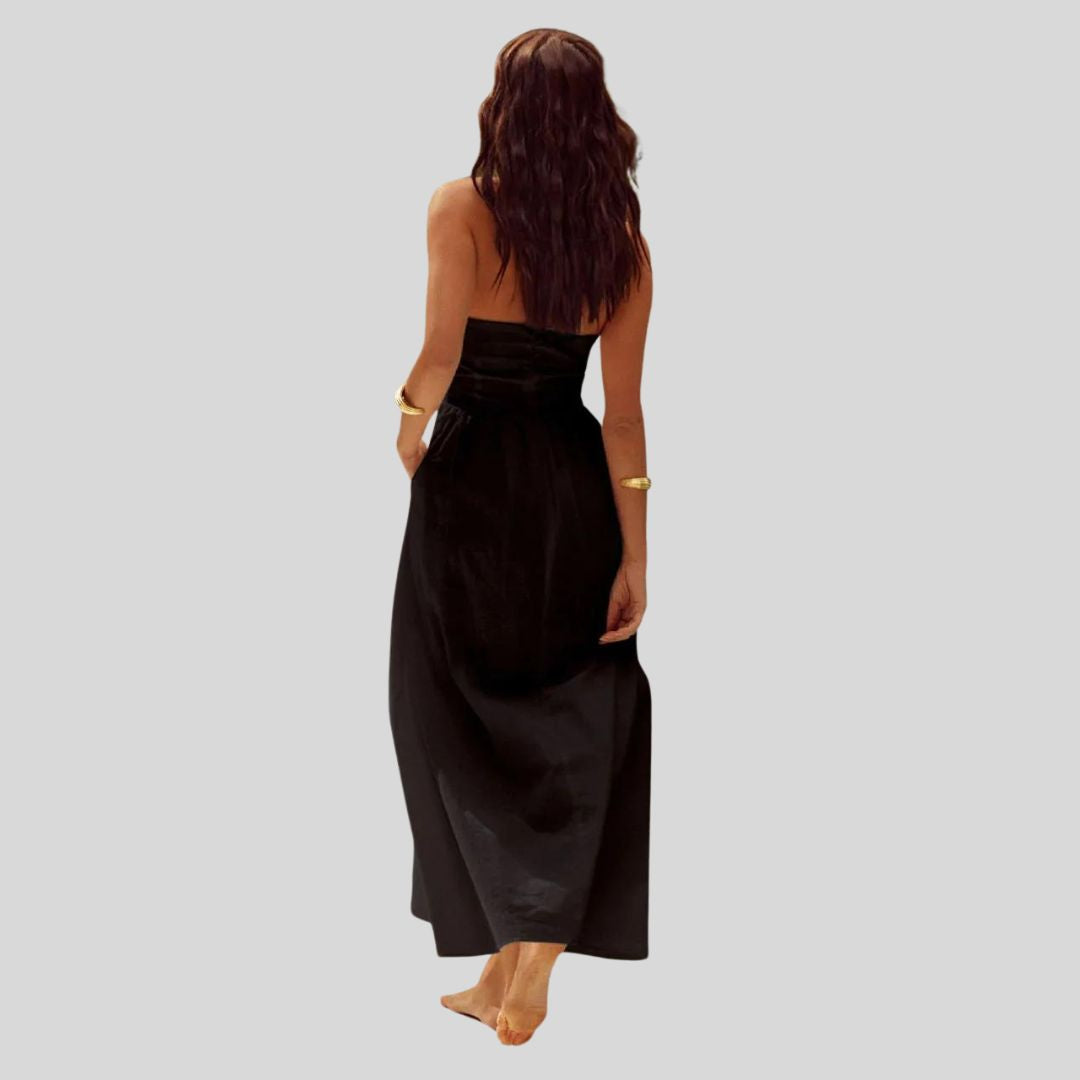 Women's halter neck backless dress with A-line midi skirt