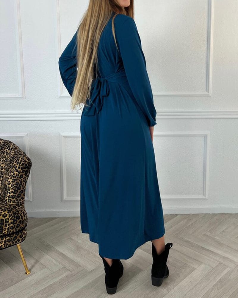 Women's Midi Dress - V-Neck Long Sleeve - Ruched Waist Elegant Flowy Fit