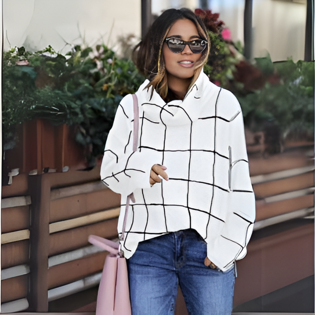 Women's fashion spliced high neck check sweater