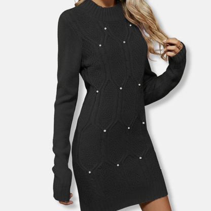 Women’s Knit Dress – Slim Fit – Mock Neck – Long Sleeve – Mini Length – Geometric Texture