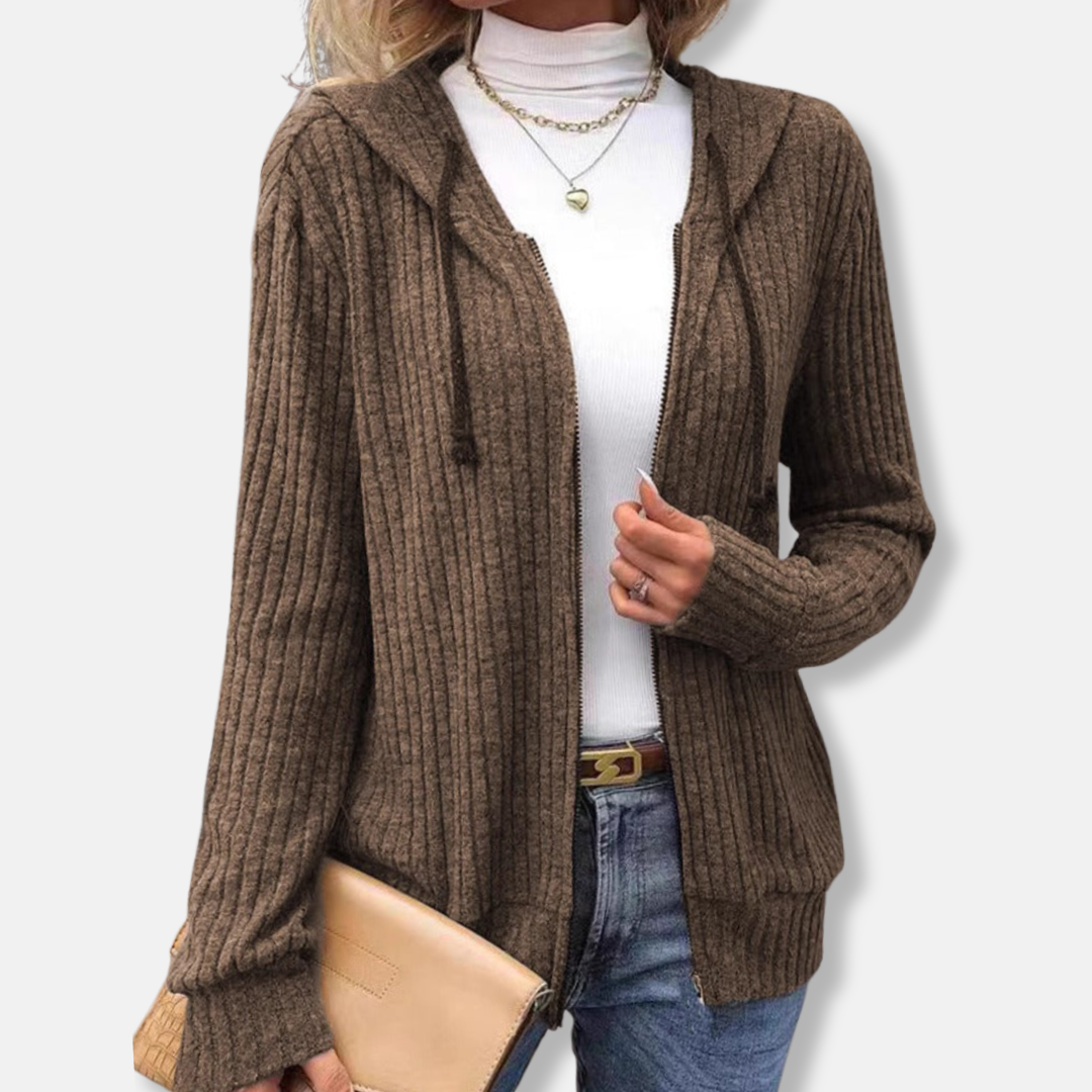 Isabella Wool Hooded Knit Cardigan | Ribbed Texture Zipper Front Cardigan