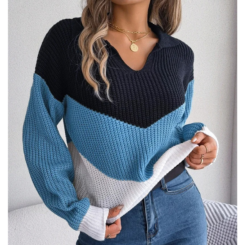 Women's contrast color lapel knitted pullover sweater