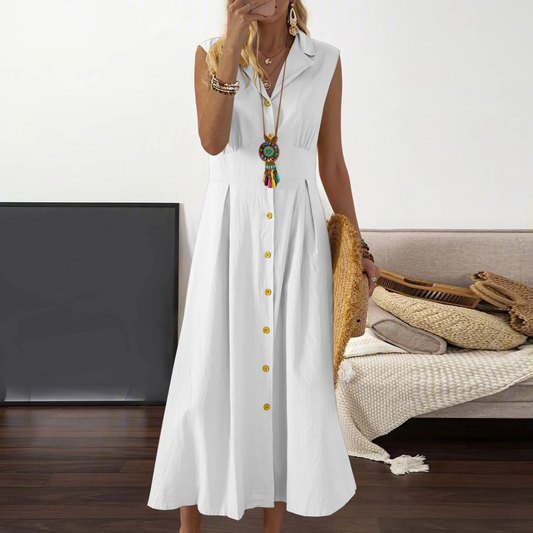 Sleeveless A-Line Midi Button-Down Dress