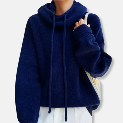 Women’s Knitted Sweatshirt – Oversized Fit – Soft Plush Knit – Cowl Neck Drawstring