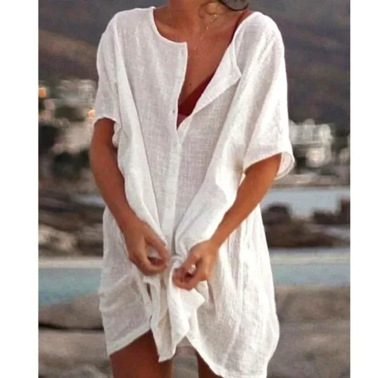 Button Down Short Sleeve Tunic Dress