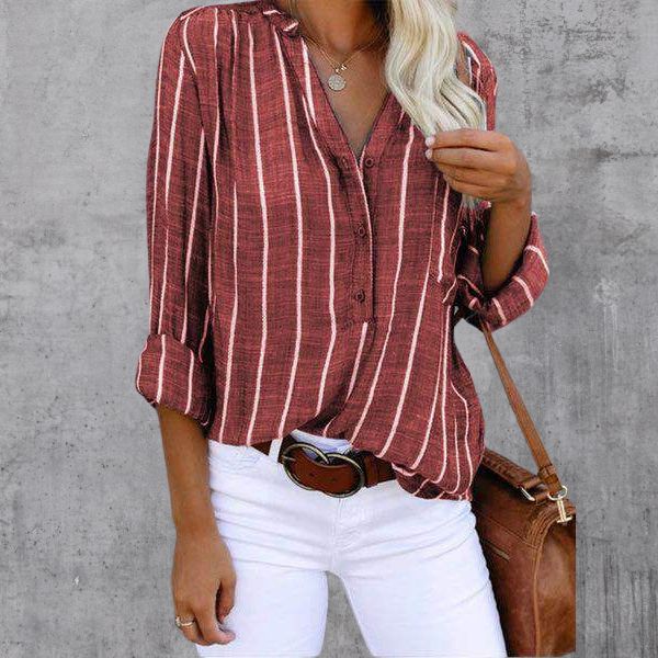 Women's Blouse - V-Neck Button-Up - Striped Design - Long Sleeve Relaxed Fit
