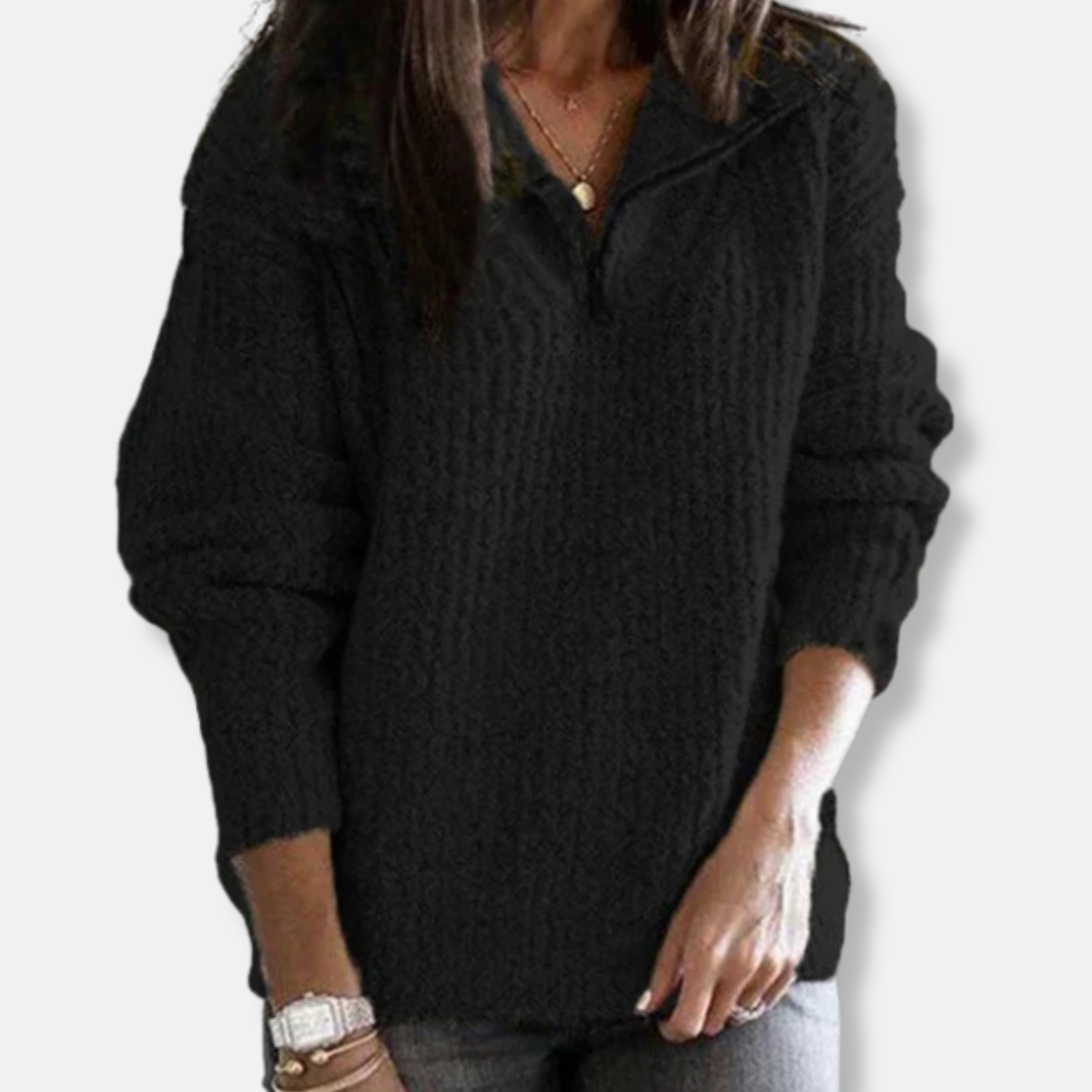 Isla Ribbed Half-Zip Pullover Sweater | Collared Relaxed Fit Sweater