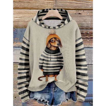 Women’s Hoodie – Relaxed Fit – Fleece Feel – Cartoon Dog Graphic – Striped Sleeves