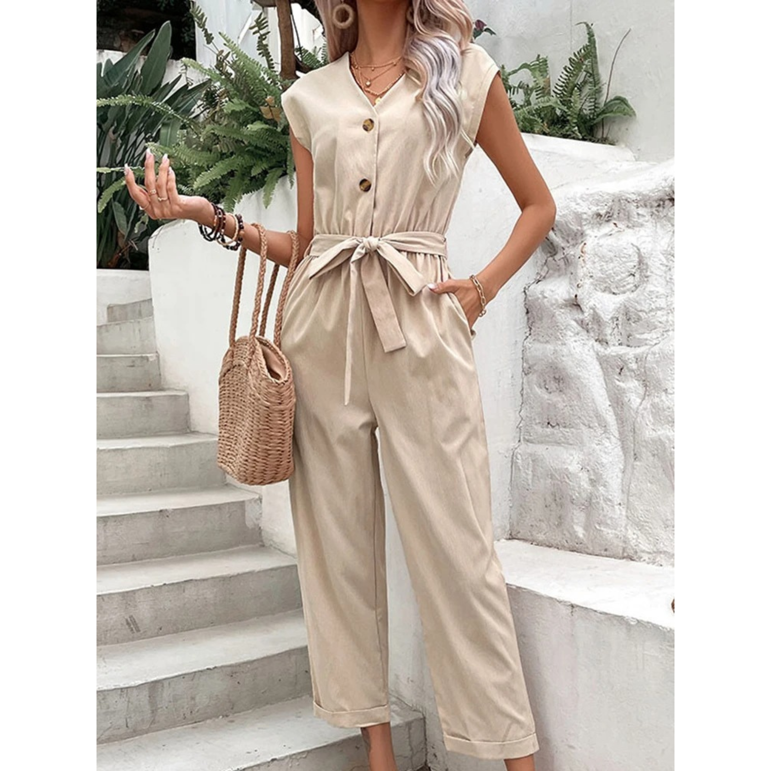 Hanna - Belted Jumpsuit with V-neck