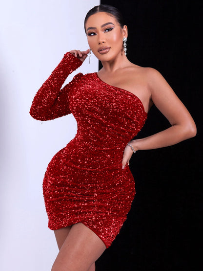 Women's Sequin Dress - One-Shoulder Bodycon - Long Sleeve Mini Partywear
