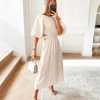 Women's Midi Dress - Puff Sleeve - Cut-Out Waist - A-Line Flowy Silhouette