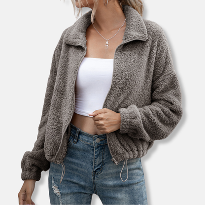 Sienna Fleece Cropped Relaxed Fit Jacket | Collared Long Sleeve Jacket