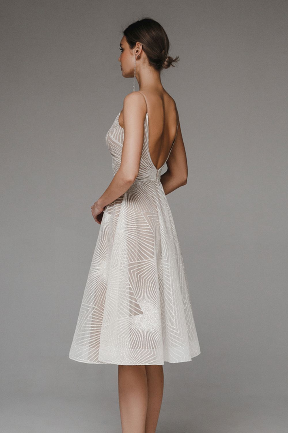 Women’s Evening Dress – Full Length A-Line – Chiffon Overlay – Geometric Pattern – Spaghetti Straps