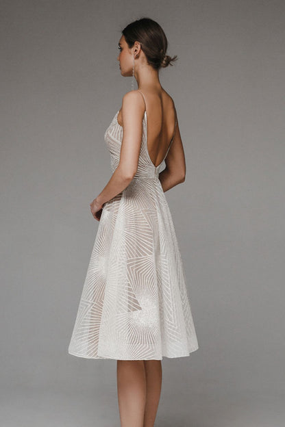 Women’s Evening Dress – Full Length A-Line – Chiffon Overlay – Geometric Pattern – Spaghetti Straps