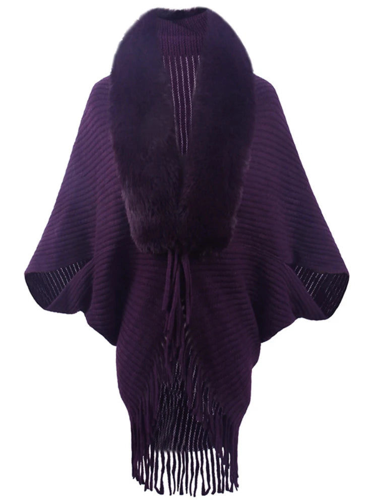 Women's knitted cape coat with fur collar