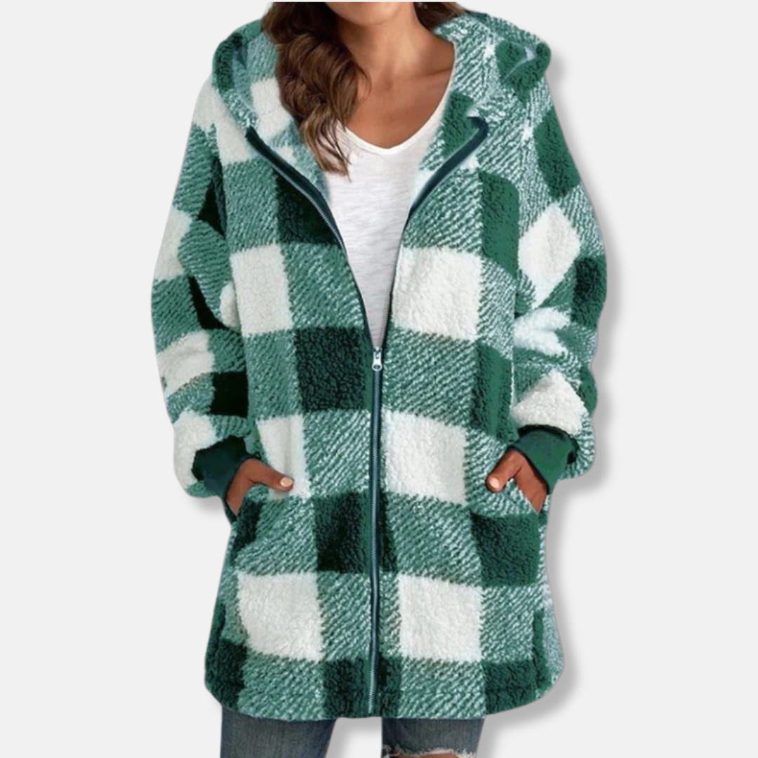 Women’s Jacket - Plush Fleece - Hooded - Buffalo Check Plaid - Mid-Thigh Length