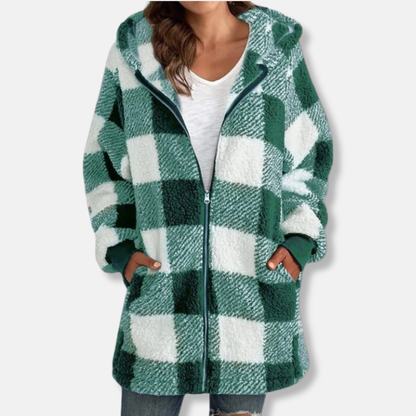 Women’s Jacket - Plush Fleece - Hooded - Buffalo Check Plaid - Mid-Thigh Length