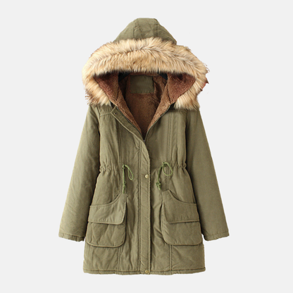 Women’s Hooded Parka Coat – Slim Regular Fit – Sherpa Lined – Faux Fur Hood – Drawstring Waist – Mid-Thigh Length
