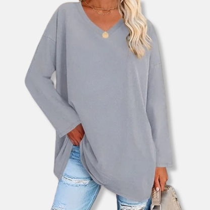 Florence Cotton Oversized V-Neck Tunic Top | Side Slits Curved Hem Tunic Top