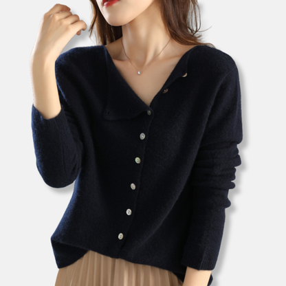 Women’s Knitted Cardigan – Relaxed Fit – Wool Blend – Asymmetrical Button – Long Sleeve