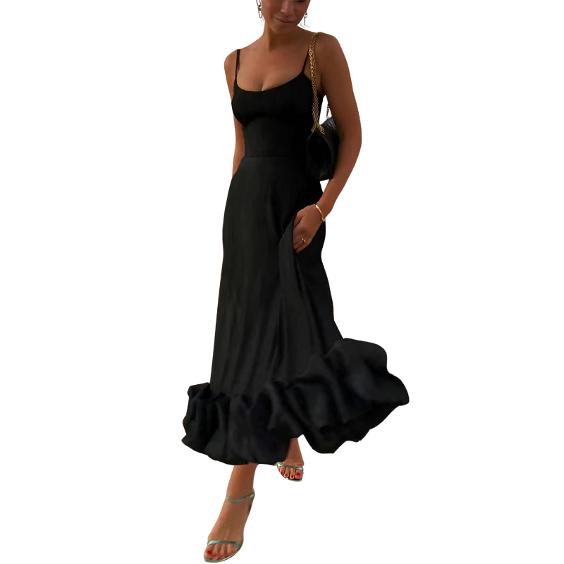 Women's Midi Dress - Square Neck - A-Line Silhouette - Ruffled Hem - Elegant Fit