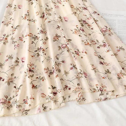 Women's Maxi Dress - Floral Print - V-Neck Cinched Waist - Short Flutter Sleeves