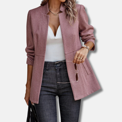 Isla Wool Structured Herringbone Blazer | Tailored Fit Stand Collar Blazer