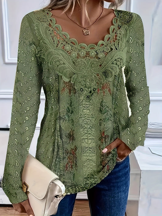 Embroidered Scalloped Lace Semi-Sheer Blouse
