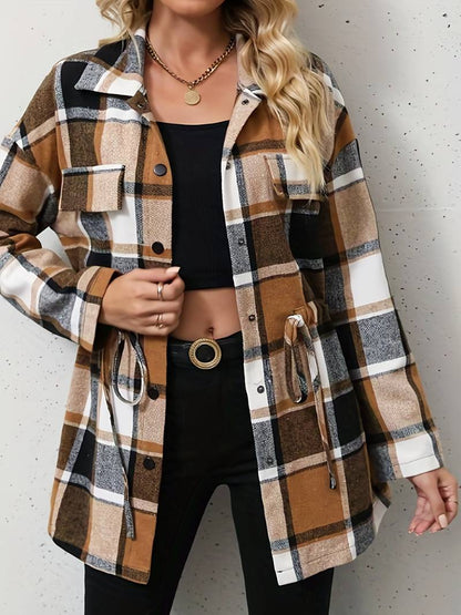 Women's Shacket - Plaid Longline - Button Down - Drawstring Waist - Casual Fit