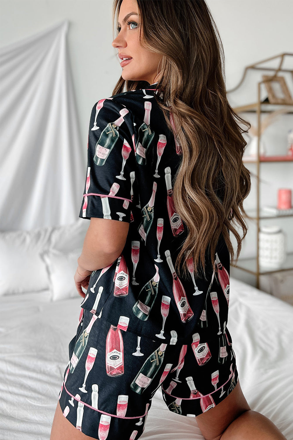 Women's Pajama Set - Short Sleeve Button-Up - Collared Top & Shorts - Lounge Wear