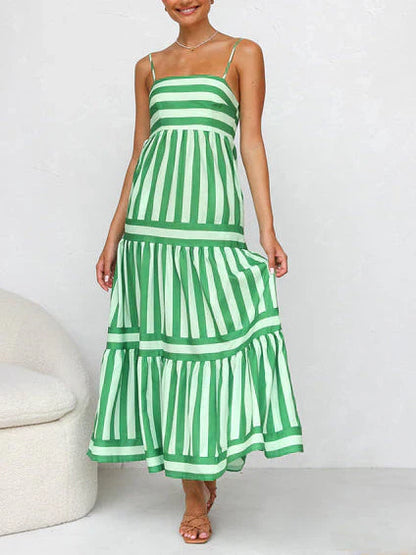 Women's Maxi Dress - Tiered Flowy Silhouette - Spaghetti Straps - Striped Pattern