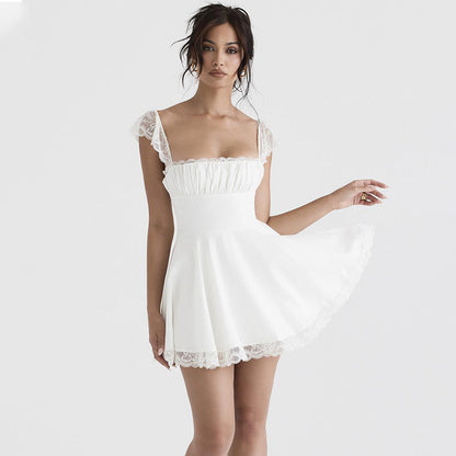 Women's Mini Dress - Lace Trim - Square Neck - A-Line Silhouette - Elegant Style