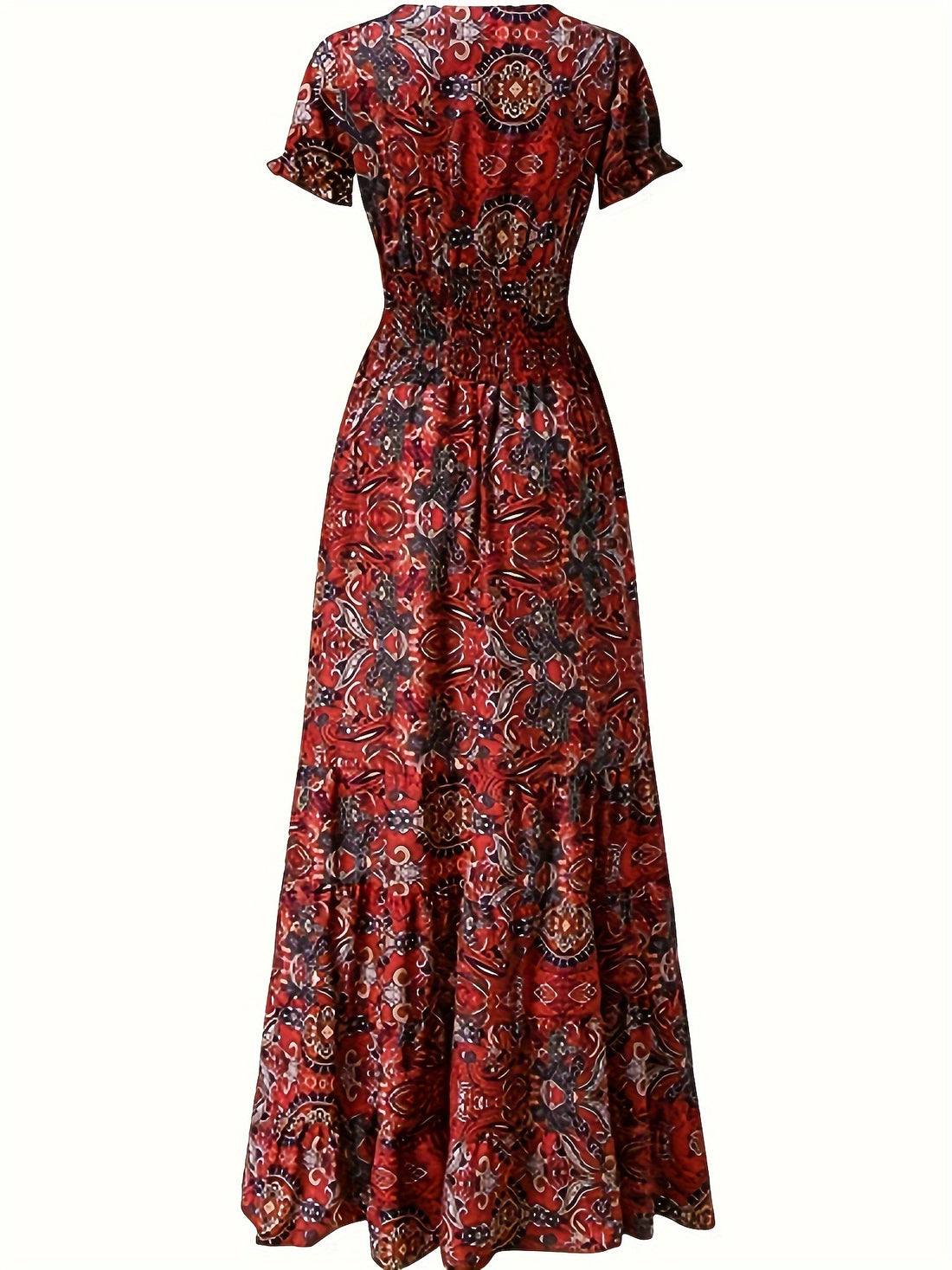 Boho paisley print maxi dress with ruched waist for women