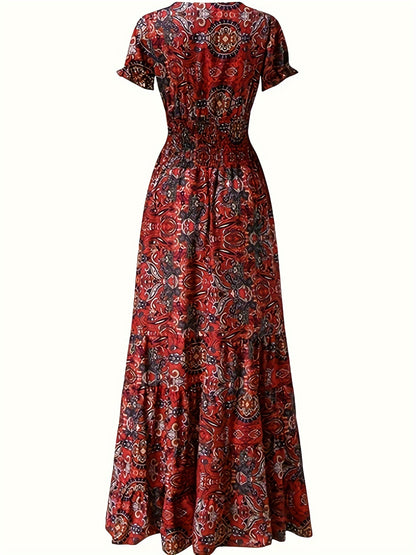 Women's Maxi Dress - Bohemian Paisley Print - Smocked Waist - Tiered Flowing Skirt