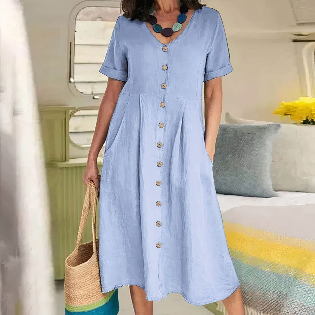 Women's Dress - Cotton Linen Blend - V-Neck Button Front - Short Sleeve Flared Fit