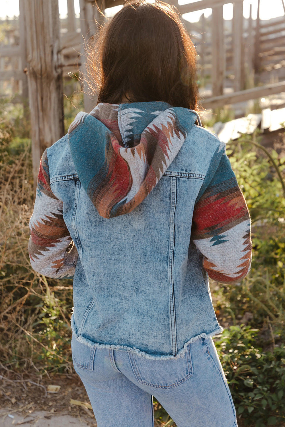 Elegant denim patchwork jacket with button-down design for women