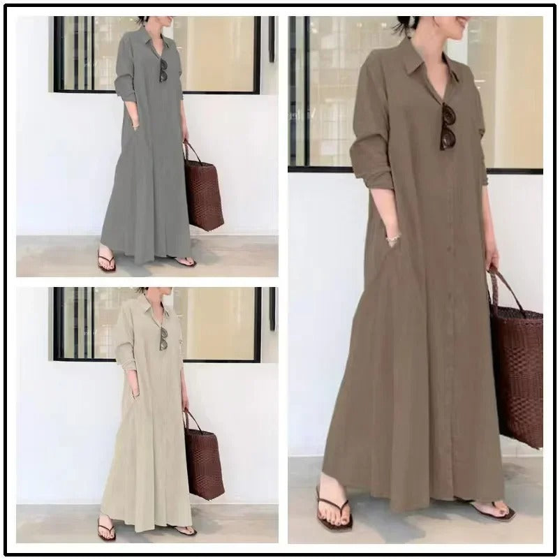 Women's solid color long sleeve pocket casual dress
