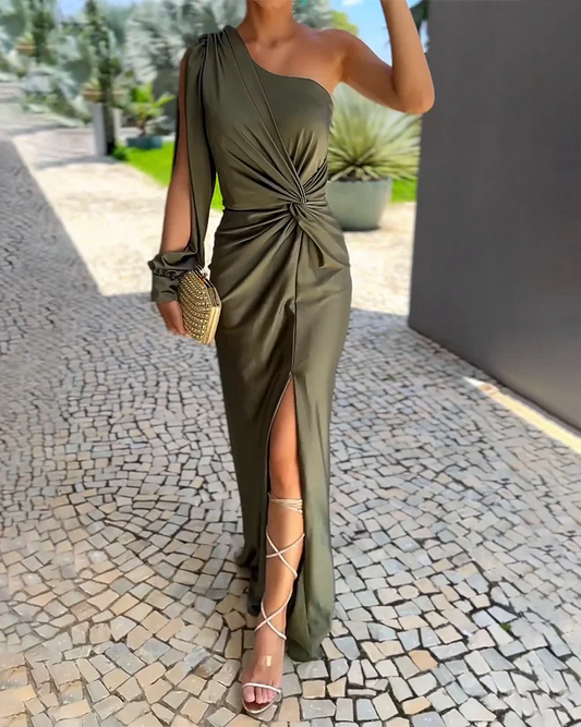 Women's One-Shoulder Gown - Elegant Floor-Length Dress - High Slit & Fitted Bodice