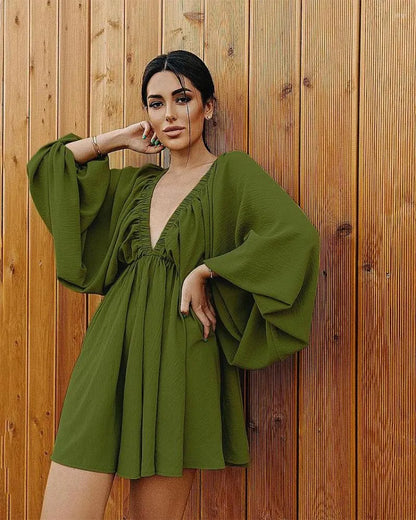 Women's Mini Dress - Deep V-Neck Ruched Front - Long Bishop Sleeves - Belted Waist