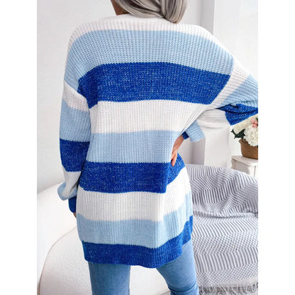 Women's contrast color striped lantern sleeve cardigan