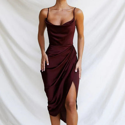 Women's Satin Dress - Cowl Neck - Spaghetti Straps - High Slit Elegant Fit