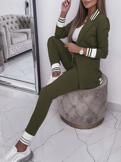 Striped collar two-piece casual suit with blazer and joggers for women