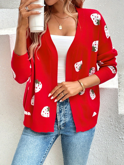 Strawberry print open-front cardigan with long sleeves and ribbed edges for women